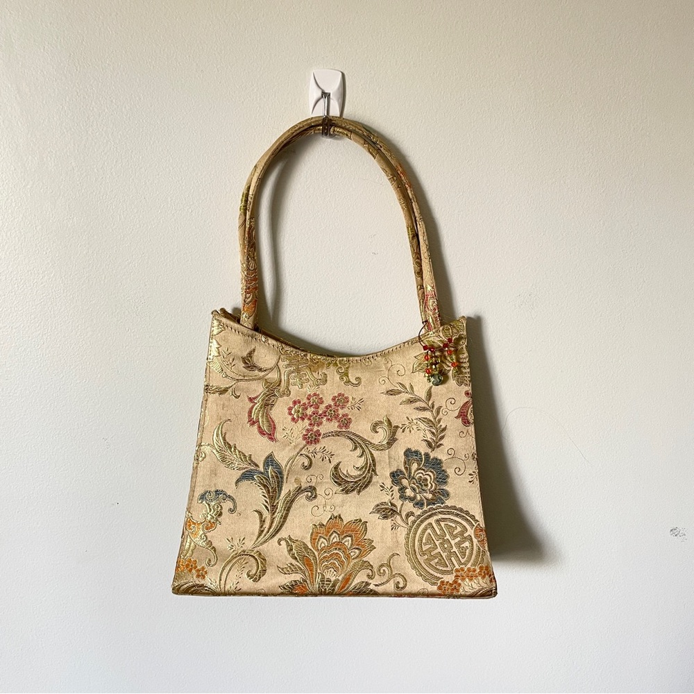 VINTAGE Gold Silk Brocade Oriental Crane Motif Evening Bag Regencycore Purse MCM